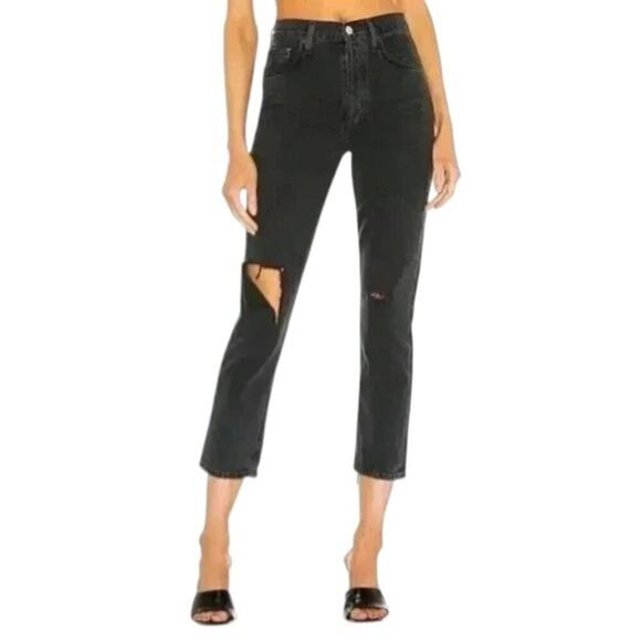 NWT AGOLDE Riley High Rise Crop Jeans Size 29 – Washed Black Distressed Raw Hem - Picture 3 of 11